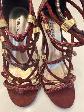 BEBE Burgundy Strappy Heeled Sandals with Gold Accents